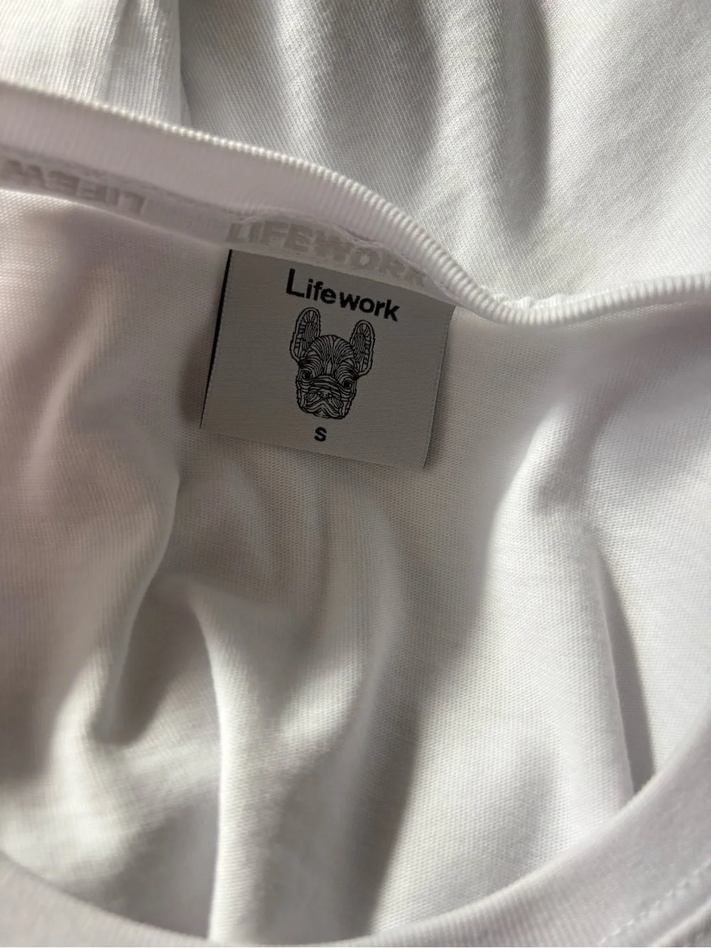 LIFEWORK Korea sz S White Crop Tee Teal French Bulldog Frenchie Tshirt